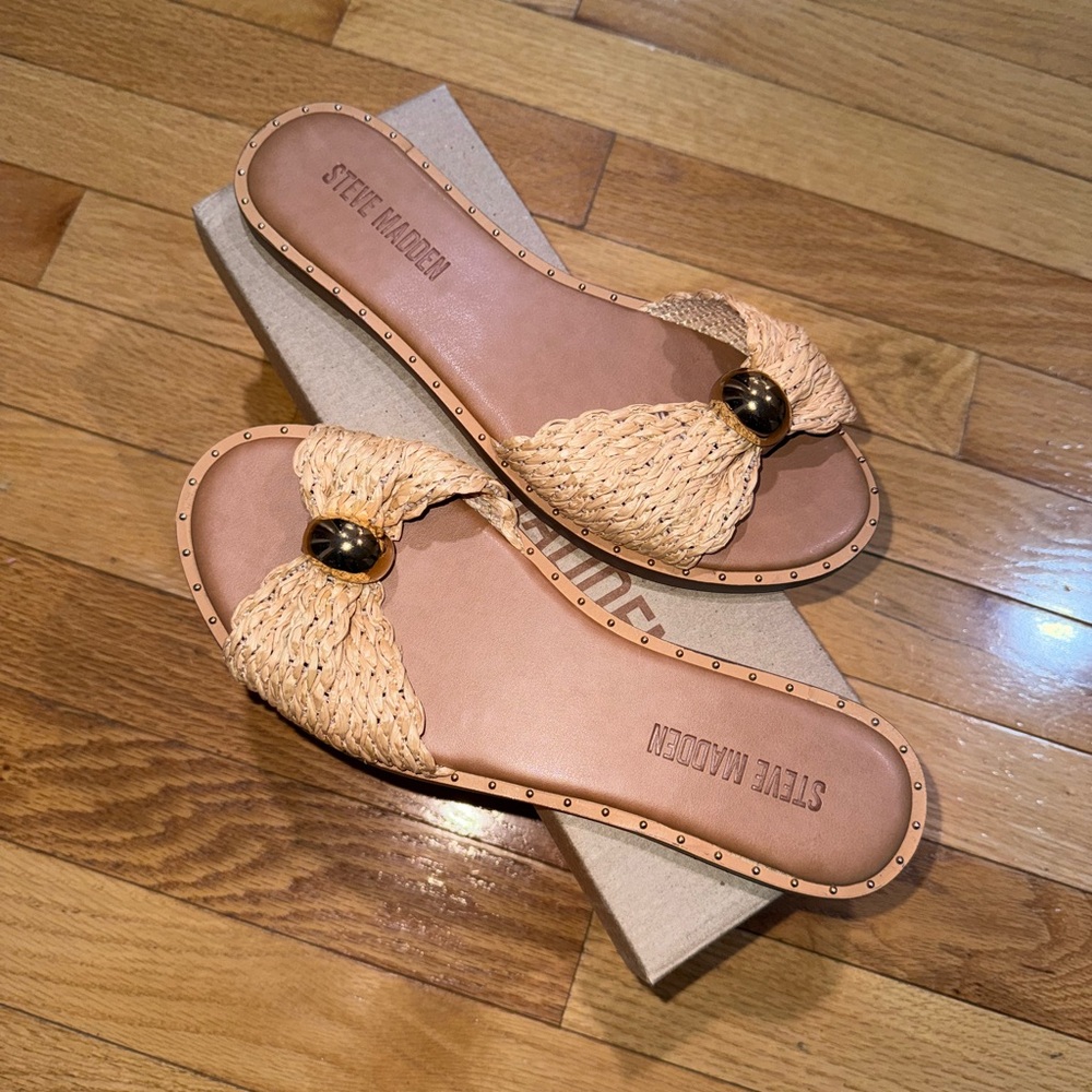 Steve Madden Metallic DIPSY Woven Gold Slide Sandals